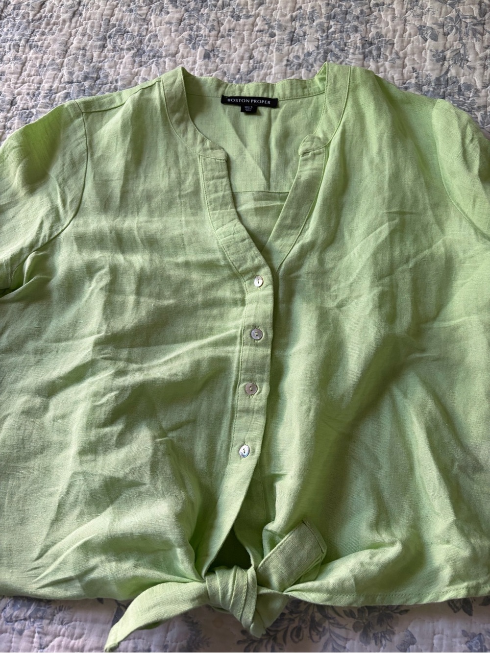 Boston Proper Women’s Small Lime Green Button/Tie Front Linen Top flared sleeves - Picture 3 of 12